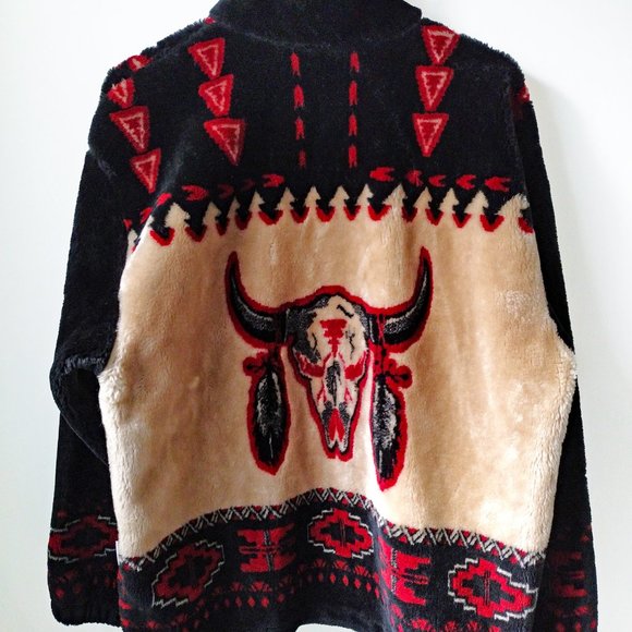 Sherpa Fleece Tribal Jacket Native American Faux Mouton Fur Zip Vintage Fleece - Picture 6 of 9